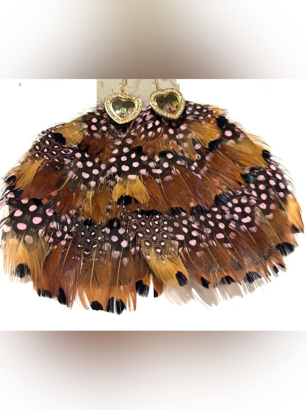 Polka Dot Feather Drop Earrings with Gold Heart Charms